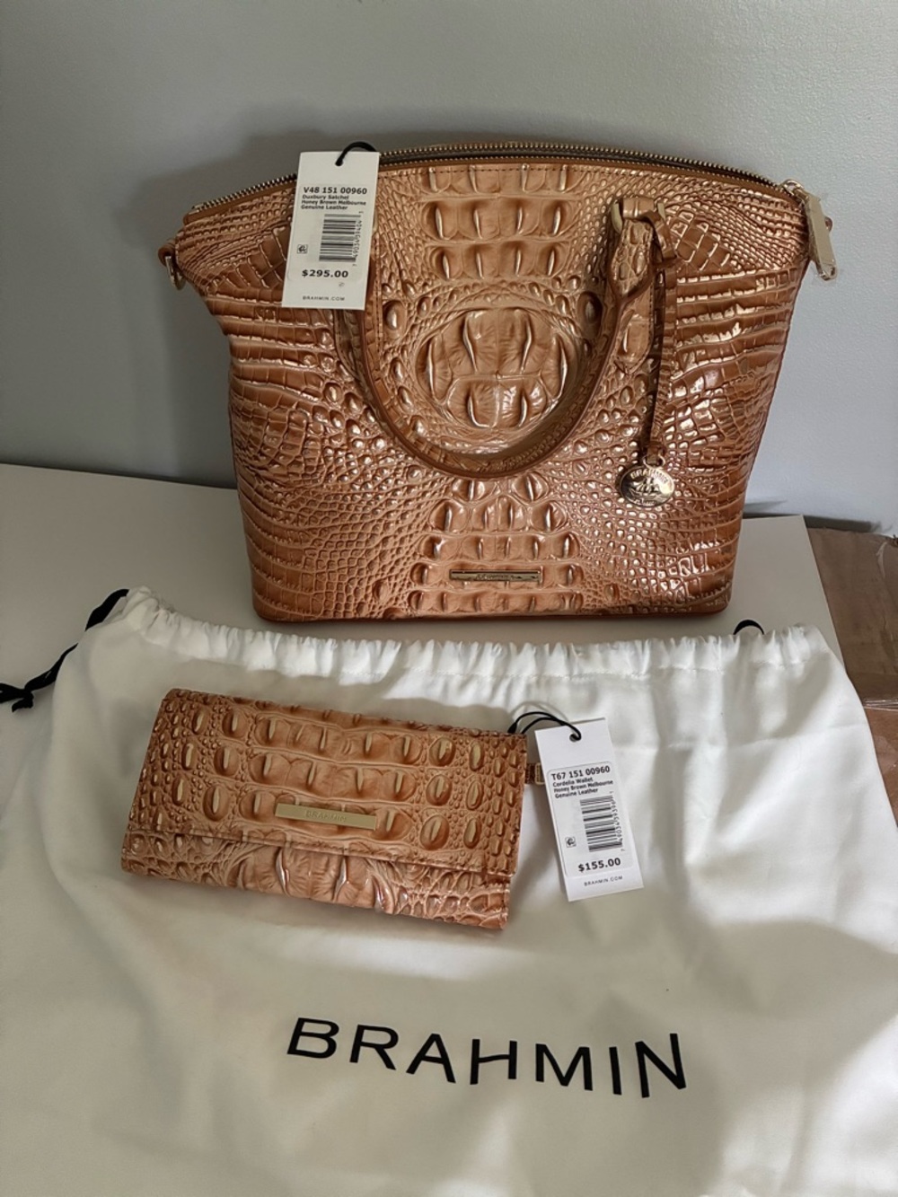 Brahmin Metallic Tan Croc-Embossed Tote with Matching Wallet